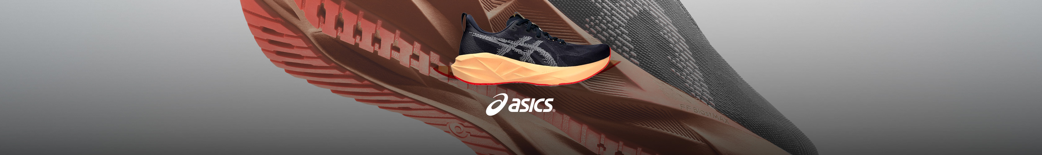Shop Asics Novablast 5 running shoes. A black shoe with a vibrant background