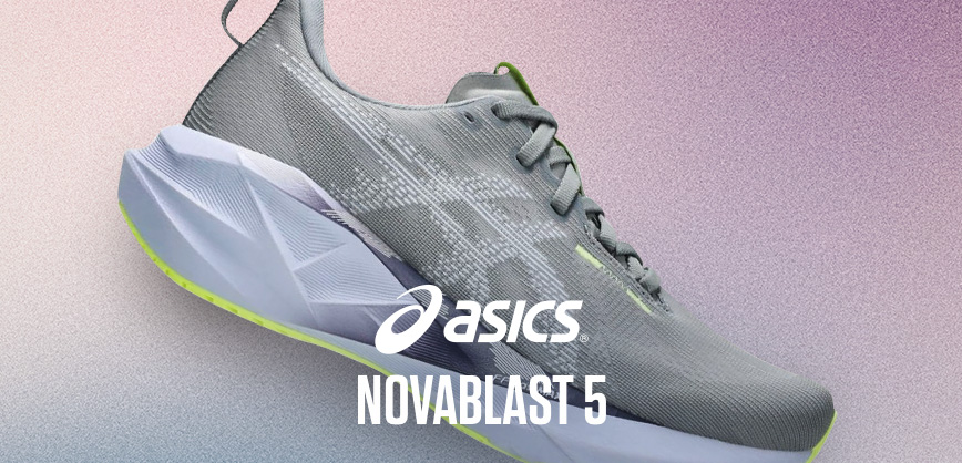 Shop Asics Novablast 5 running shoes. A grey shoe on pink background